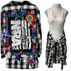 Upcycled Flannel Shirt Shacket Womens 3X NRA Patriot Grunge Patchwork Folk Art